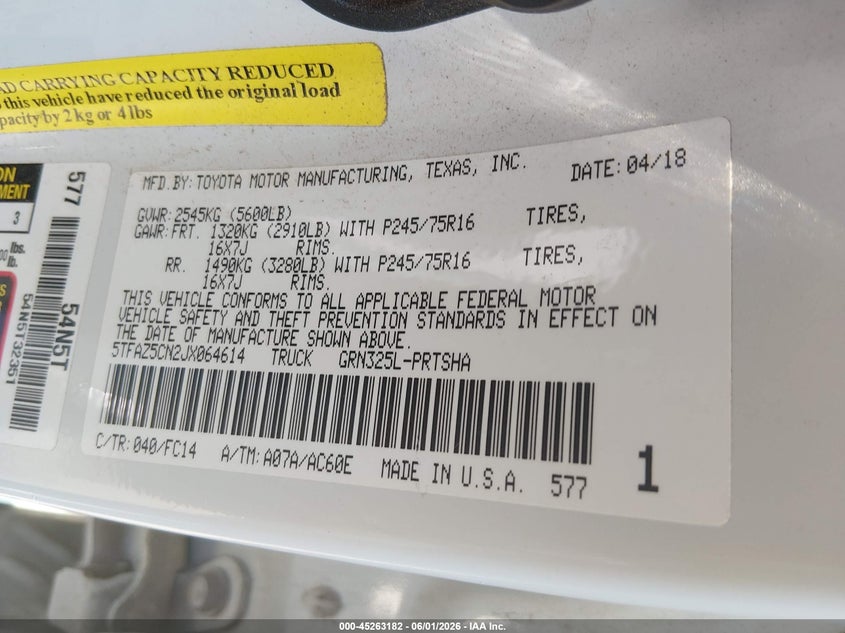 2018 Toyota Tacoma VIN 5TFAZ5CN2JX064614 IAAI salvage auction — FRONT END, Salvage Title, sold $7,600 on 2026-07-09 (photo 9)