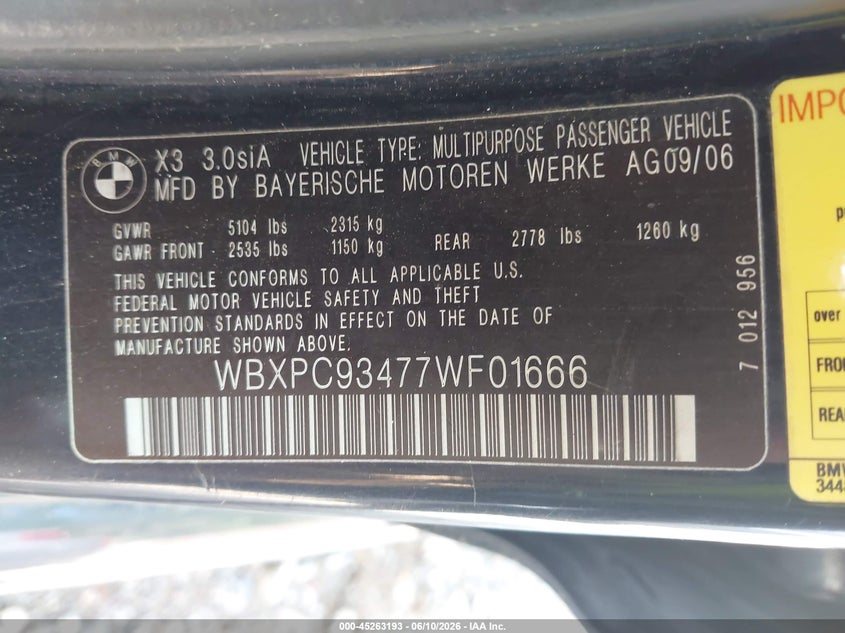 2007 BMW X3 VIN WBXPC93477WF01666 IAAI salvage auction — SIDE, Repossession Paperwork (Georgia), sold $375 on 2026-07-21 (photo 9)