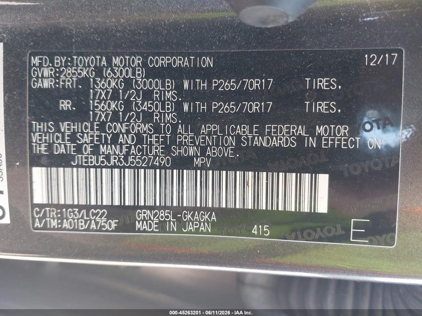 2018 Toyota 4runner VIN JTEBU5JR3J5527490 IAAI salvage auction — LEFT FRONT, Salvage (New Hampshire), sold $9,450 on 2026-08-21 (photo 9)