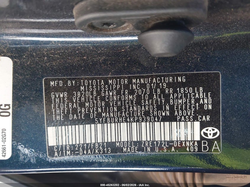 2019 Toyota Corolla VIN 5YFBURHE4KP939047 IAAI salvage auction — LEFT REAR, Original (Texas), sold $3,250 on 2026-07-23 (photo 9)
