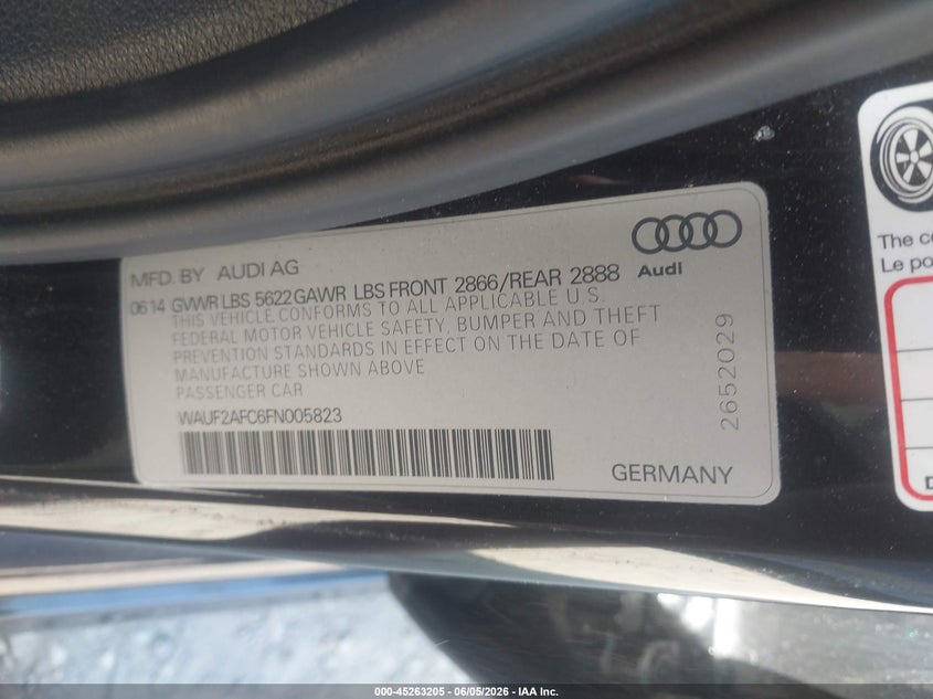 2015 Audi S6 VIN WAUF2AFC6FN005823 IAAI salvage auction — FRONT END, Mv-907A (New York), sold $400 on 2026-07-28 (photo 9)