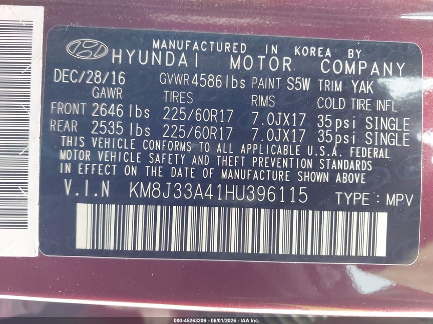 2017 Hyundai Tucson VIN KM8J33A41HU396115 IAAI salvage auction — REAR END, Salvage Title, sold $3,150 on 2026-07-17 (photo 9)