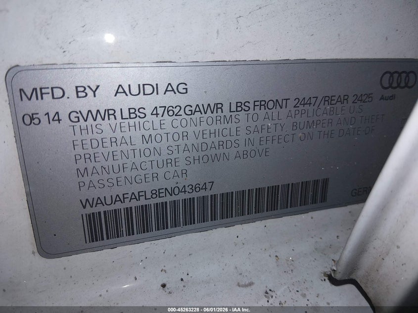 2014 Audi A4 VIN WAUAFAFL8EN043647 IAAI salvage auction — NORMAL WEAR, Certificate Of Origin (West Virginia), sold $400 on 2026-07-06 (photo 9)