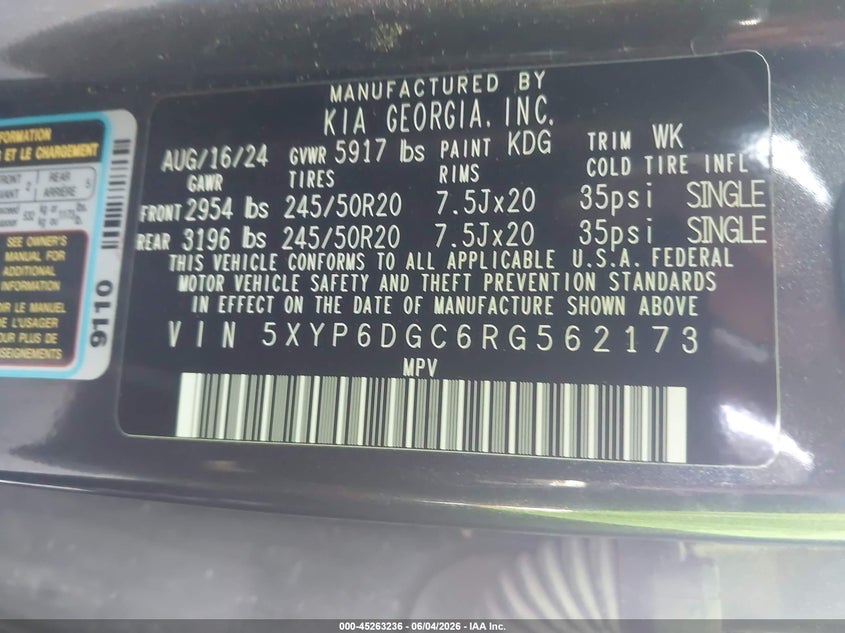 2024 Kia Telluride VIN 5XYP6DGC6RG562173 IAAI salvage auction — REAR END, Salvage Title, sold $6,500 on 2026-07-29 (photo 9)