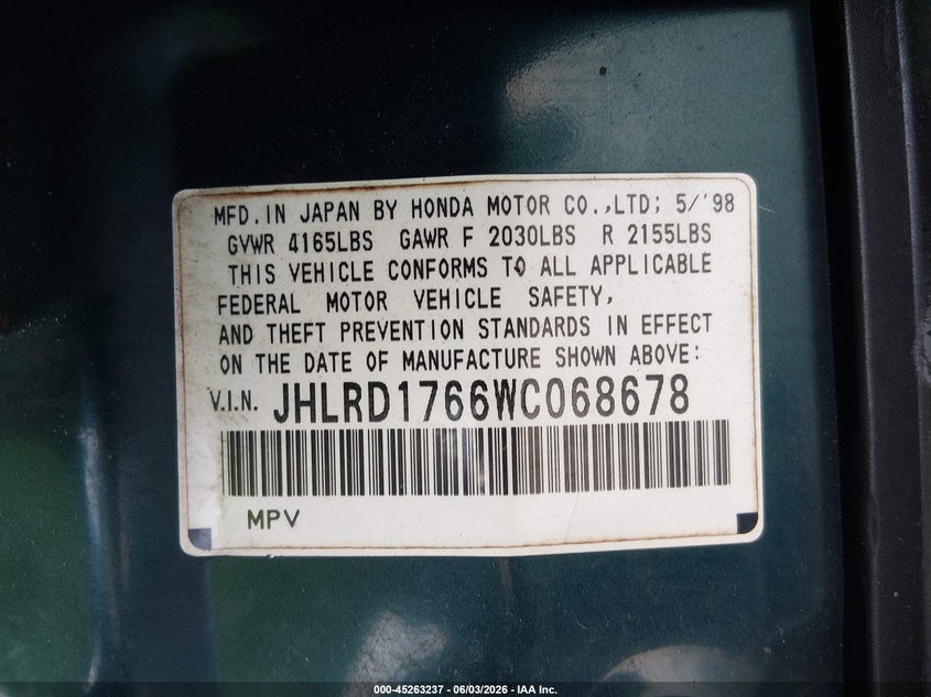 1998 Honda Cr-v VIN JHLRD1766WC068678 IAAI salvage auction — SIDE, Salvage (Texas), sold $375 on 2026-07-09 (photo 9)