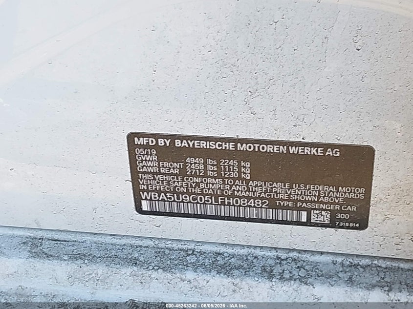 2020 BMW 3er VIN WBA5U9C05LFH08482 IAAI salvage auction — ENGINE DAMAGE, Salvage Title, sold $7,100 on 2026-07-28 (photo 9)