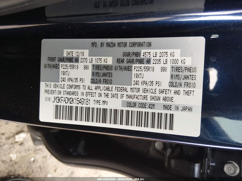 2019 Mazda Cx-5 VIN JM3KFADM2K1549181 IAAI salvage auction — LEFT FRONT, Salvage Title, sold $5,500 on 2026-07-07 (photo 9)