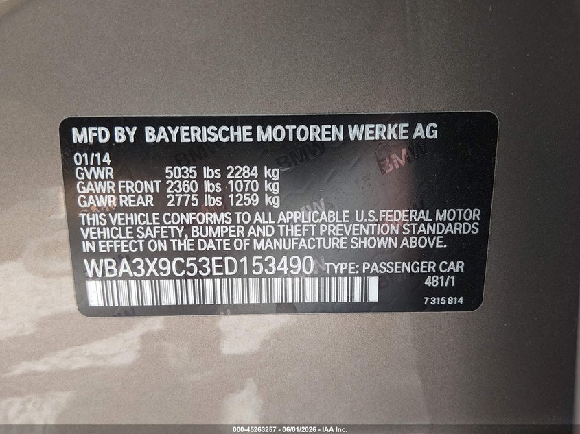 2014 BMW 3 series VIN WBA3X9C53ED153490 IAAI salvage auction — SIDE, Bill Of Sale (Washington), sold $3,000 on 2026-07-22 (photo 9)