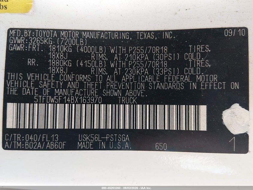 2011 Toyota Tundra VIN 5TFDW5F14BX163970 IAAI salvage auction — REAR END, Clear (Arkansas), sold $3,000 on 2026-07-29 (photo 9)