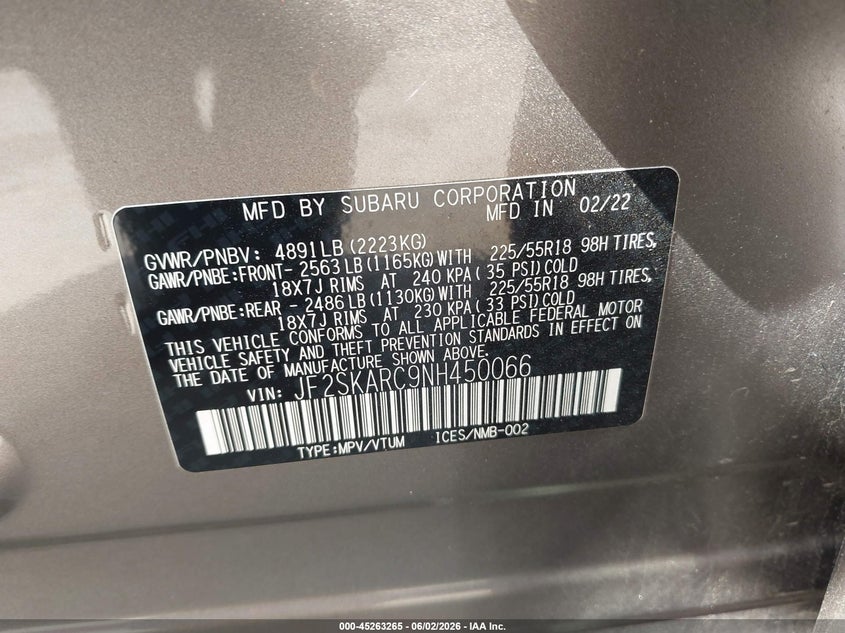 2022 Subaru Forester VIN JF2SKARC9NH450066 IAAI salvage auction — LEFT FRONT, Salvage Title, sold $1,550 on 2026-07-21 (photo 9)