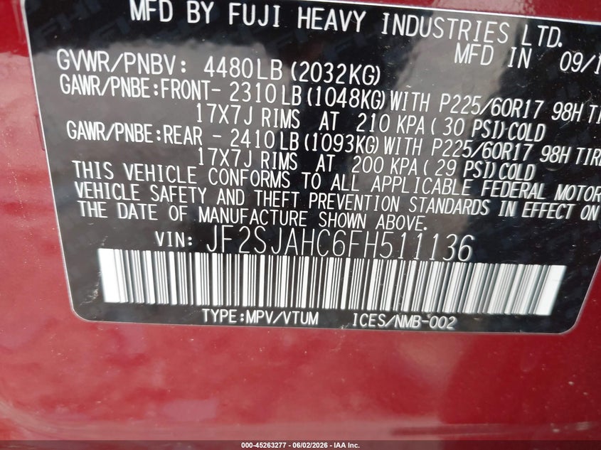 2015 Subaru Forester VIN JF2SJAHC6FH511136 IAAI salvage auction — FRONT END, Salvage (North Carolina), sold $25 on 2026-07-27 (photo 9)