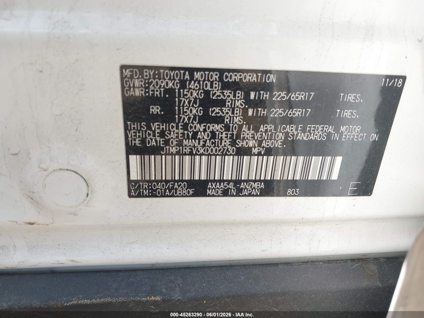 2019 Toyota VIN JTMP1RFV3KD002730 IAAI salvage auction — FRONT END, Salvage (Ohio), sold $525 on 2026-07-28 (photo 9)