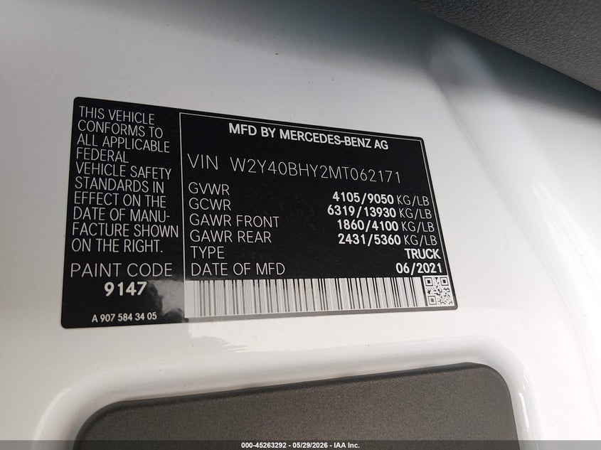 2021 Freightliner Sprinter 2500 VIN W2Y40BHY2MT062171 IAAI salvage auction — NORMAL WEAR, Clear (Oklahoma), sold $15,600 on 2026-07-04 (photo 9)