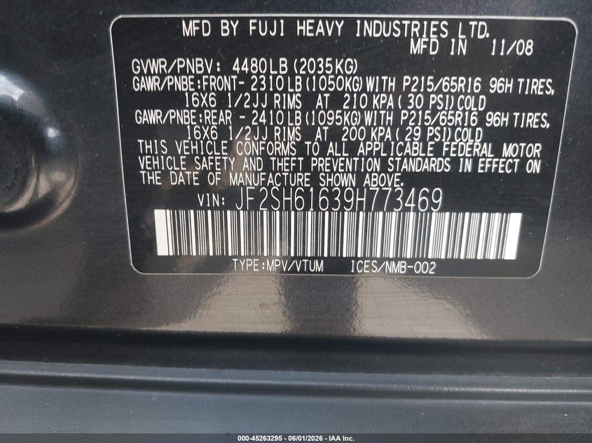 2009 Subaru Forester VIN JF2SH61639H773469 IAAI salvage auction — RIGHT SIDE, Salvage (California), sold $825 on 2026-07-15 (photo 9)
