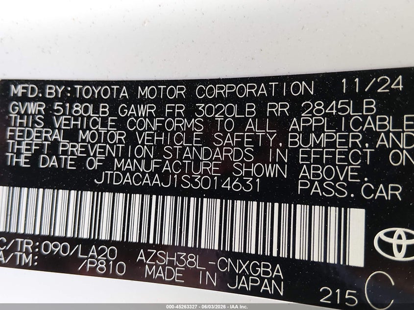 2025 Toyota Crown signia VIN JTDACAAJ1S3014631 IAAI salvage auction — FRONT & REAR, Salvage Title, sold $3,350 on 2026-07-31 (photo 9)