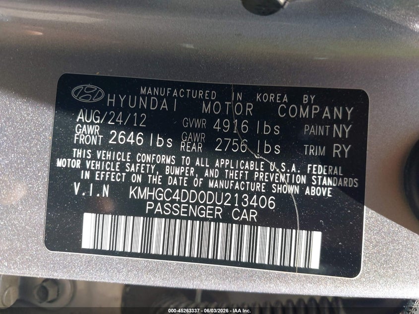 2013 Hyundai Genesis VIN KMHGC4DD0DU213406 IAAI salvage auction — FRONT END, Salvage Title, sold $925 on 2026-07-10 (photo 9)