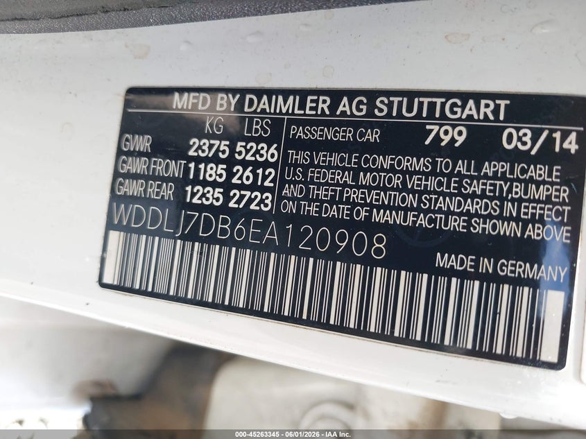 2014 Mercedes-benz VIN WDDLJ7DB6EA120908 IAAI salvage auction — FRONT & REAR, Salvage (North Carolina), sold $1,650 on 2026-08-06 (photo 9)