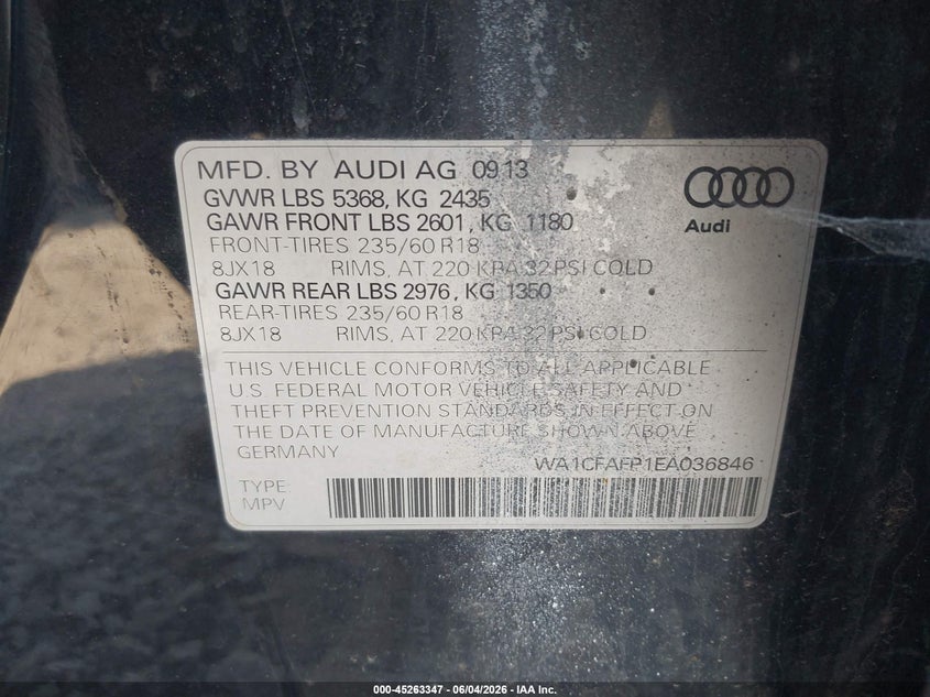 2014 Audi Q5 VIN WA1CFAFP1EA036846 IAAI salvage auction — FRONT & REAR, Salvage Title, sold $575 on 2026-07-15 (photo 9)