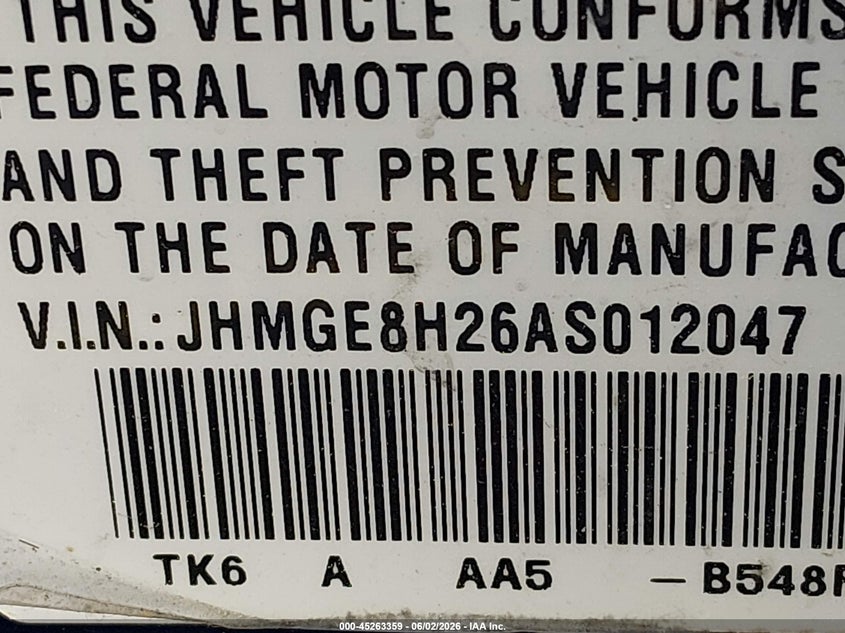 2010 Honda Fit VIN JHMGE8H26AS012047 IAAI salvage auction — NORMAL WEAR, Clear (Massachusetts), sold $200 on 2026-07-14 (photo 9)