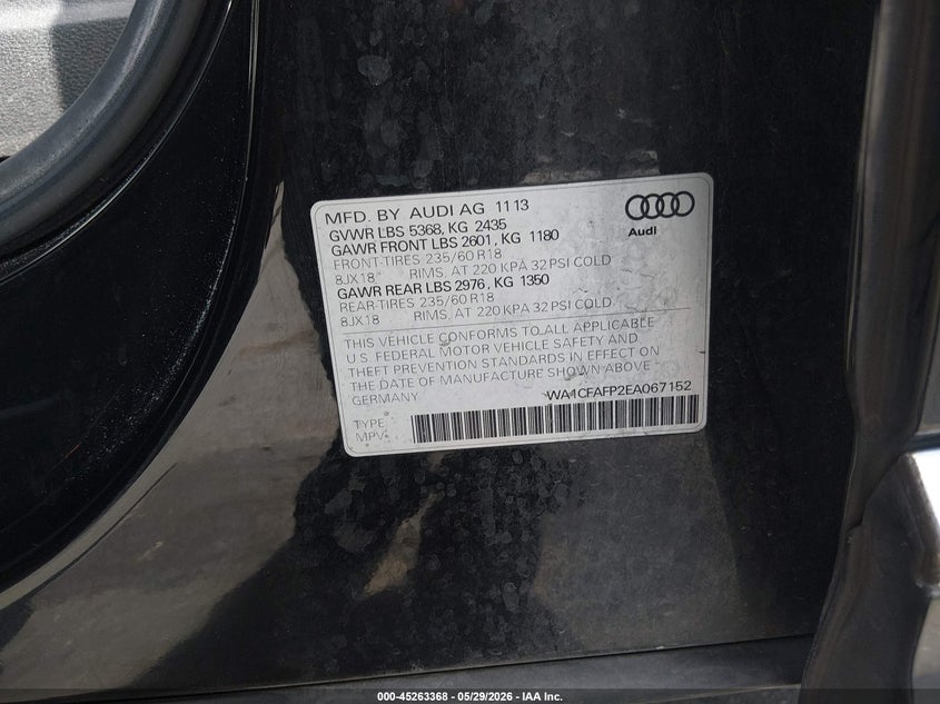 2014 Audi Q5 VIN WA1CFAFP2EA067152 IAAI salvage auction — NORMAL WEAR, Clear (Florida), sold $1,600 on 2026-07-13 (photo 9)