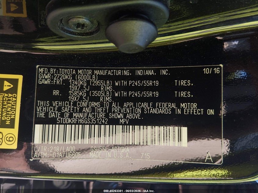 2016 Toyota Highlander VIN 5TDDKRFH6GS351242 IAAI salvage auction — FRONT END, Salvage Title, sold $8,100 on 2026-07-23 (photo 9)