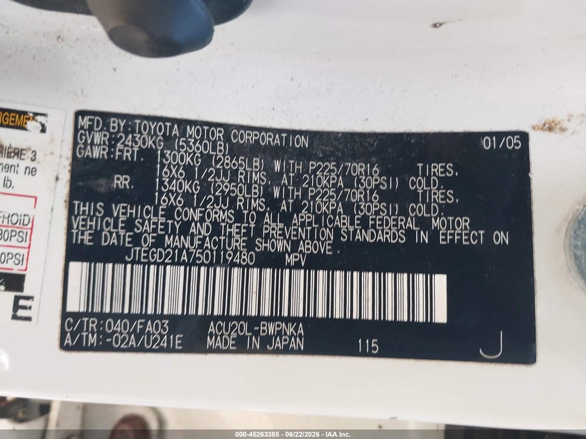 2005 Toyota Highlander VIN JTEGD21A750119480 IAAI salvage auction — NORMAL WEAR, Clear (Illinois), sold $425 on 2026-07-22 (photo 9)