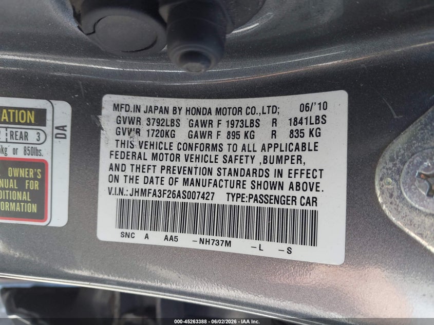 2010 Honda Civic hybrid VIN JHMFA3F26AS007427 IAAI salvage auction — RIGHT SIDE, Salvage (California), sold $650 on 2026-07-30 (photo 9)