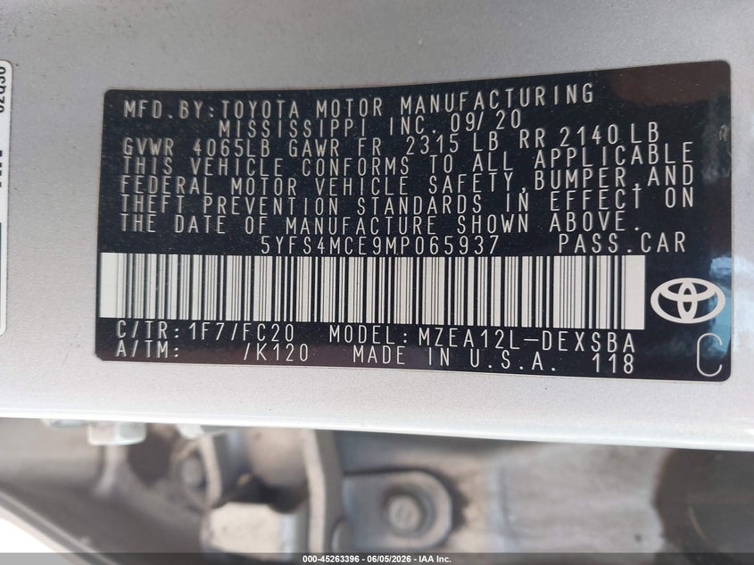 2021 Toyota Corolla VIN 5YFS4MCE9MP065937 IAAI salvage auction — REAR END, Salvage Title, sold $6,700 on 2026-07-14 (photo 9)