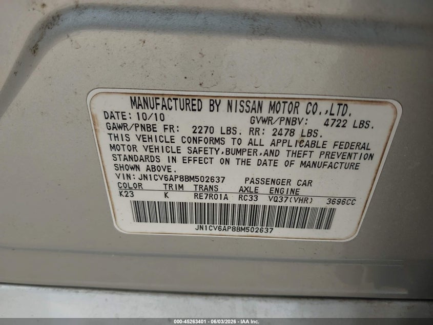 2011 Infiniti G37 VIN JN1CV6AP8BM502637 IAAI salvage auction — FRONT & REAR, Rebuildable (Florida), sold $550 on 2026-07-07 (photo 9)