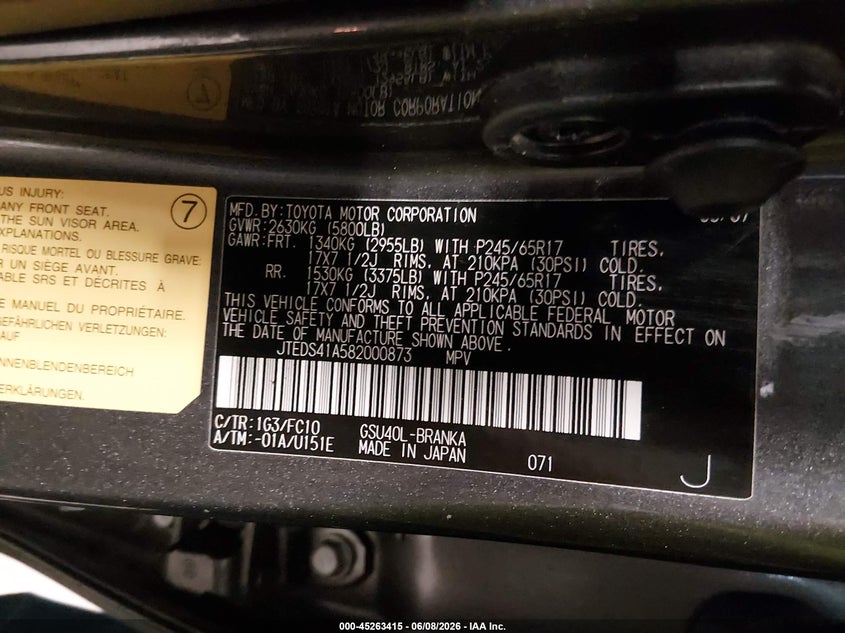 2008 Toyota Highlander VIN JTEDS41A582000873 IAAI salvage auction — FRONT END, Clear (Arkansas), sold $1,300 on 2026-07-23 (photo 9)