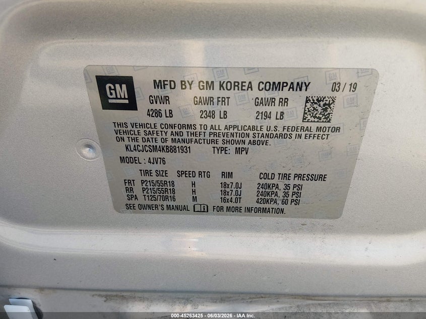 2019 Buick Encore VIN KL4CJCSM4KB881931 IAAI salvage auction — ROLLOVER, Salvage Title, sold $425 on 2026-07-22 (photo 9)