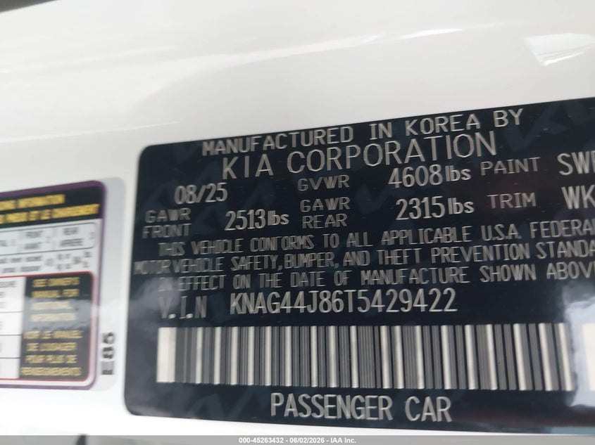 2026 Kia K5 VIN KNAG44J86T5429422 IAAI salvage auction — SIDE, Salvage (North Carolina), sold $14,150 on 2026-08-21 (photo 9)