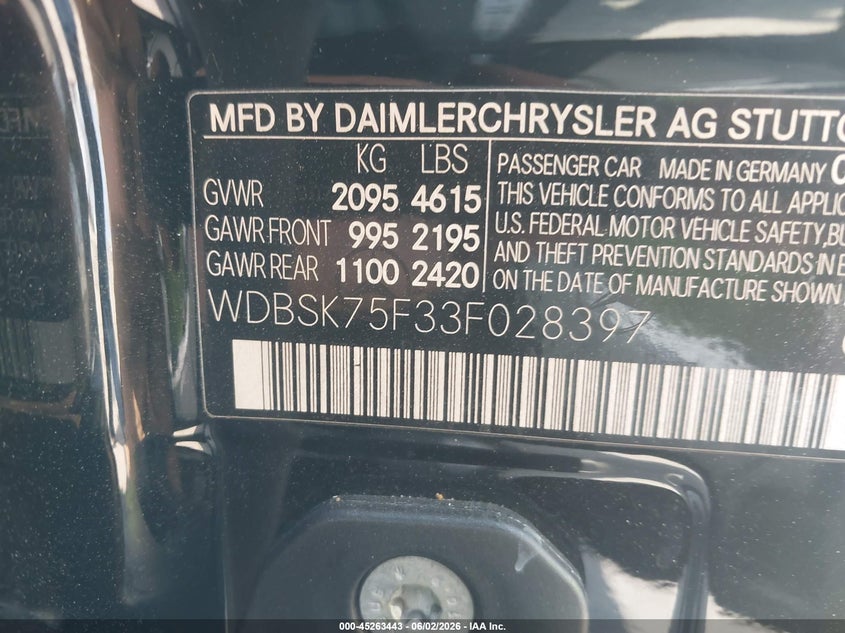 2003 Mercedes-benz Sl-klasse VIN WDBSK75F33F028397 IAAI salvage auction — NORMAL WEAR, Clear - Dealer Only (California), sold $1,050 on 2026-07-15 (photo 9)