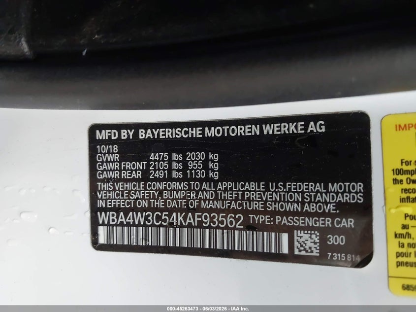 2019 BMW 4er VIN WBA4W3C54KAF93562 IAAI salvage auction — FRONT END, Salvage Title, sold $7,375 on 2026-07-16 (photo 9)