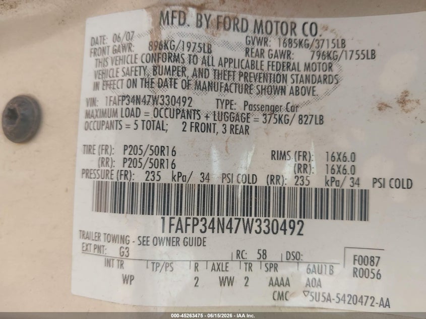 2007 Ford Focus VIN 1FAFP34N47W330492 IAAI salvage auction — SIDE, Salvage (Texas), sold $400 on 2026-07-09 (photo 9)