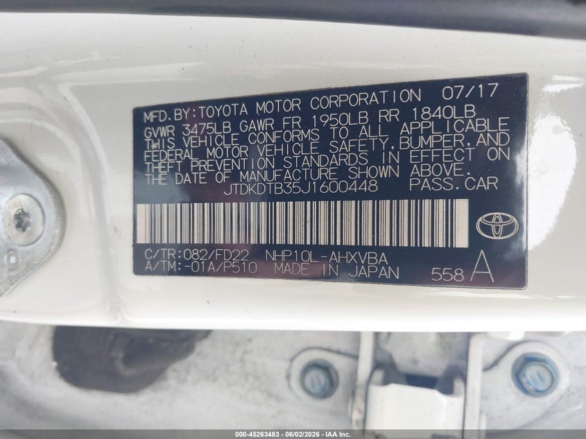 2018 Toyota Prius c VIN JTDKDTB35J1600448 IAAI salvage auction — FRONT END, Salvage Title, sold $3,000 on 2026-07-08 (photo 9)
