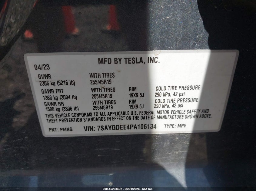 2023 Tesla Model y VIN 7SAYGDEE4PA106134 IAAI salvage auction — FRONT END, Salvage Title, sold $9,300 on 2026-07-09 (photo 9)