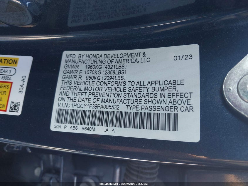 2023 Honda Accord VIN 1HGCY1F38PA005532 IAAI salvage auction — FRONT END, Salvage (Georgia), sold $6,700 on 2026-07-19 (photo 9)