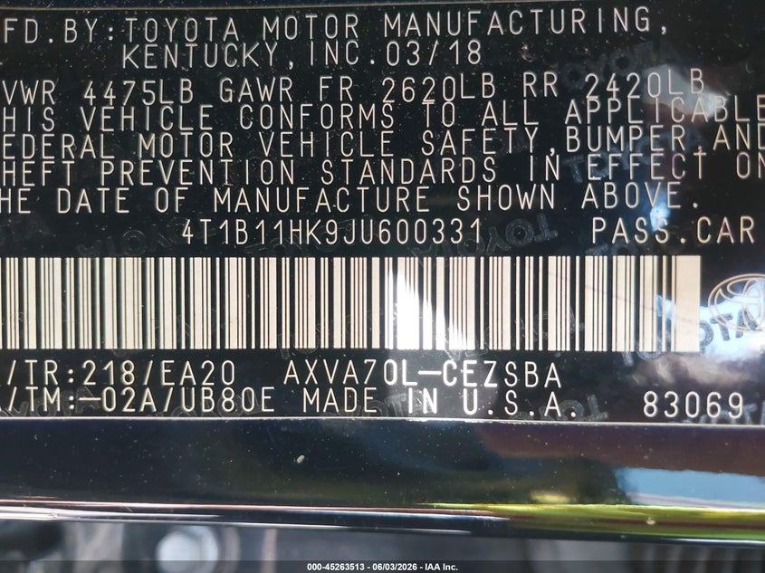 2018 Toyota Camry VIN 4T1B11HK9JU600331 IAAI salvage auction — FRONT & REAR, Salvage - 75% Or Less (Maryland), sold $3,900 on 2026-08-01 (photo 9)