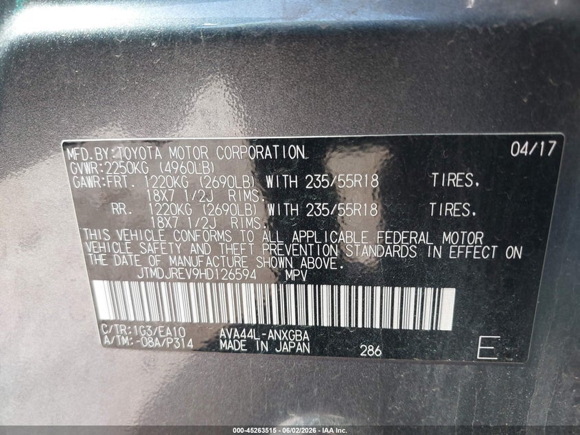 2017 Toyota Rav 4 VIN JTMDJREV9HD126594 IAAI salvage auction — FRONT END, Salvage (Arizona), sold $4,750 on 2026-07-30 (photo 9)