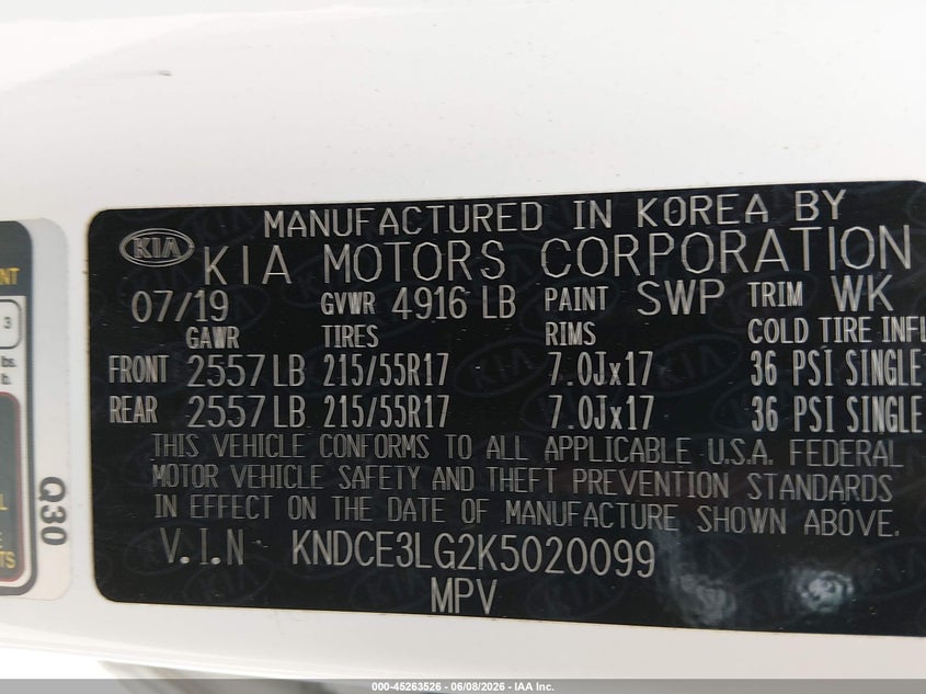 2019 Kia Niro VIN KNDCE3LG2K5020099 IAAI salvage auction — FRONT END, Salvage Title, sold $9,250 on 2026-08-20 (photo 9)
