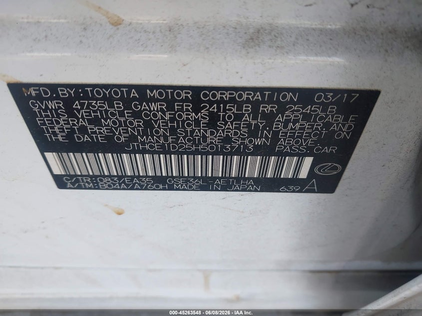 2017 Lexus Is VIN JTHCE1D25H5013713 IAAI salvage auction — UNKNOWN, Salvage (North Carolina), sold $8,300 on 2026-07-15 (photo 9)