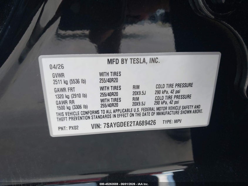 2026 Tesla Model y VIN 7SAYGDEE2TA689426 IAAI salvage auction — REAR END, Salvage (Louisiana), sold $75 on 2026-07-30 (photo 9)