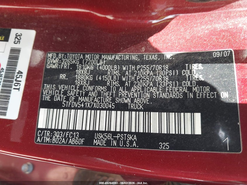 2007 Toyota Tundra VIN 5TFDV541X7X030045 IAAI salvage auction — FRONT END, Salvage (Texas), sold $2,650 on 2026-07-15 (photo 9)