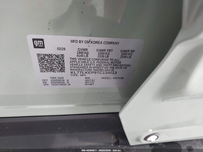 2026 Chevrolet Trax VIN KL77LKEP9TC134013 IAAI salvage auction — REAR END, Salvage Title, sold $10,500 on 2026-07-12 (photo 9)