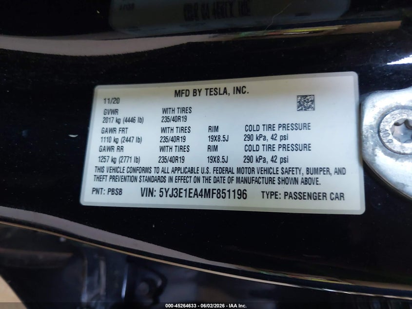 2021 Tesla Model 3 VIN 5YJ3E1EA4MF851196 IAAI salvage auction — RIGHT FRONT, Salvage Title, sold $4,700 on 2026-07-23 (photo 9)