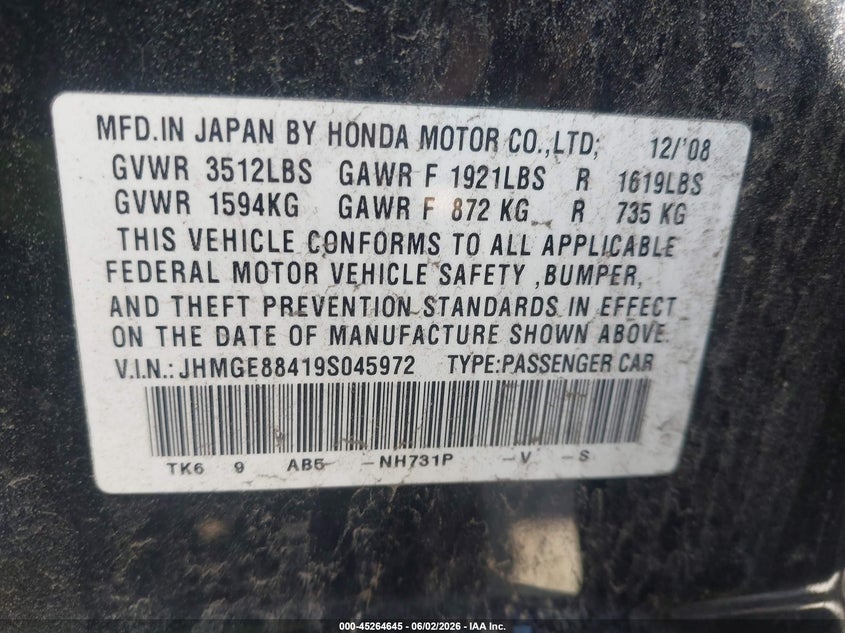2009 Honda Fit VIN JHMGE88419S045972 IAAI salvage auction — NORMAL WEAR, Clear (Missouri), sold $250 on 2026-07-14 (photo 9)