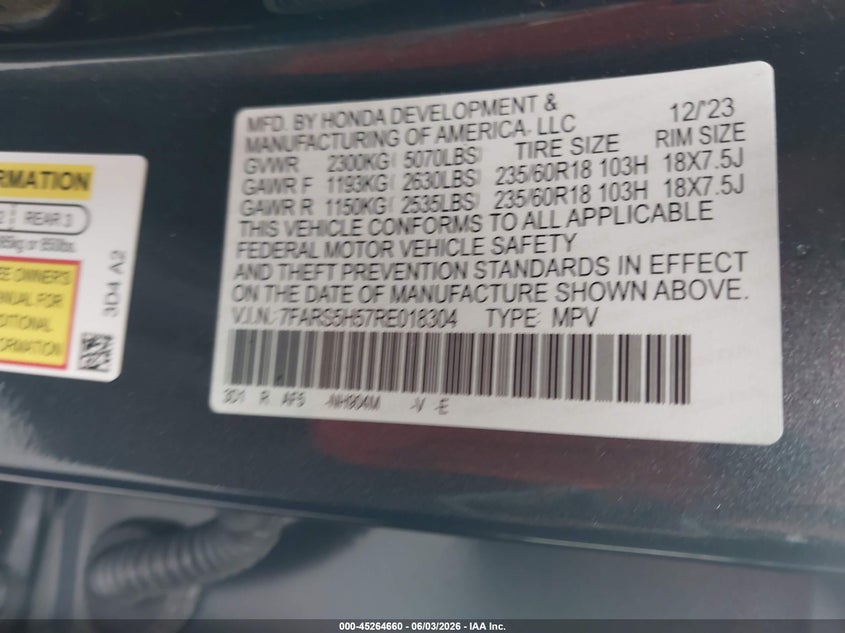 2024 Honda Cr-v VIN 7FARS5H57RE018304 IAAI salvage auction — REAR END, Salvage Title, sold $9,800 on 2026-07-30 (photo 9)