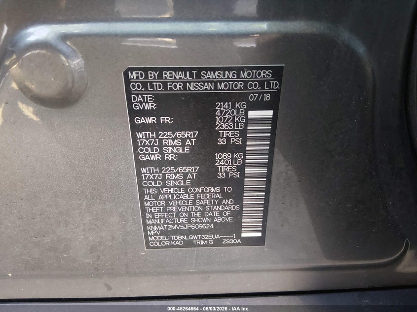 2018 Nissan Rogue VIN KNMAT2MV5JP609624 IAAI salvage auction — FRONT END, Salvage Title, sold $25 on 2026-07-28 (photo 9)