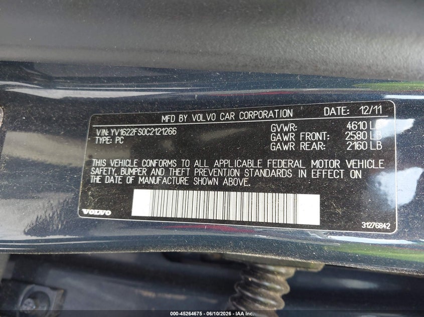 2012 Volvo S60 VIN YV1622FS0C2121266 IAAI salvage auction — NORMAL WEAR, Salvage Title, sold $325 on 2026-07-20 (photo 9)